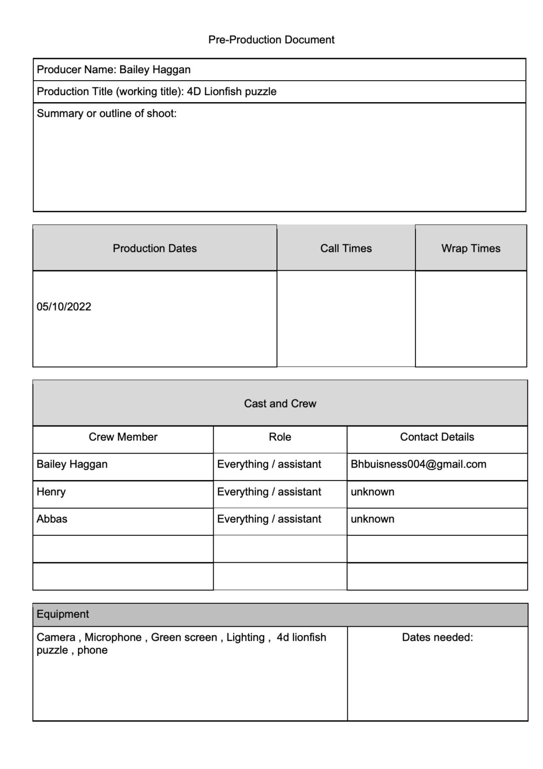 Scripts Pre Production Document task 2 pre production & production – Bailey Haggan L3 media page
